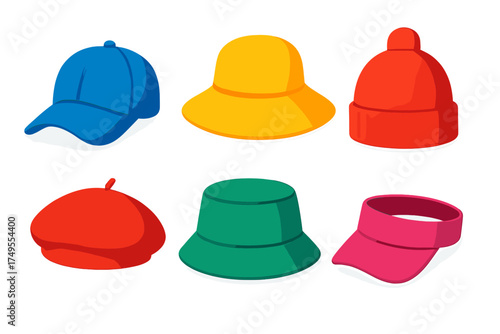 Set of diverse headwear styles featuring bright blue cap, yellow sun hat, red beanie, green bucket hat, pink visor, and red beret