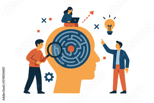 Conceptual image of people solving a complex maze inside a giant human head representing problem solving and creative thinking