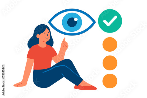 Woman pointing to large eye symbol representing visual verification and successful checkmark