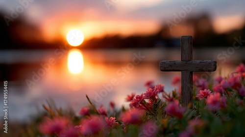 A wooden cross sitting in a field of flowers at sunset