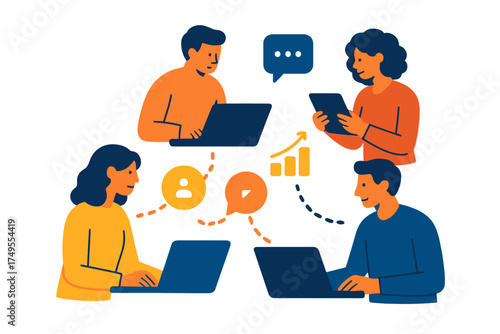 Diverse professionals collaborating remotely using technology and digital data exchange