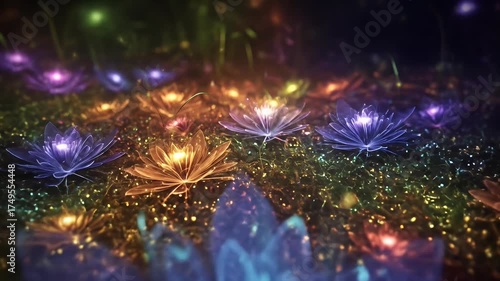 Abstract Glowing Lotus Flowers Background Video In Magical Garden With Sparkles