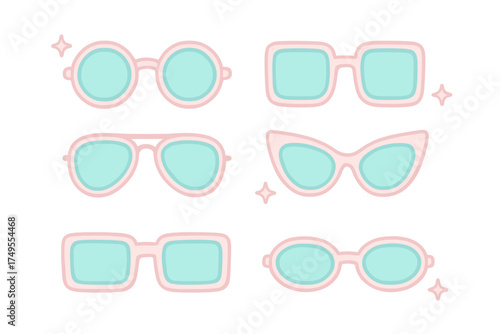 Six pairs of trendy pastel pink sunglasses with cool turquoise lenses and sparkle accents