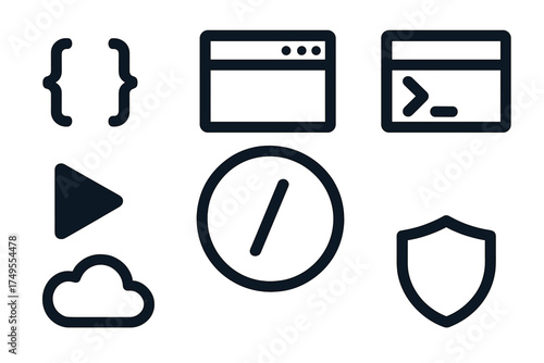 Set of essential line icons for programming, web development, security, and digital interfaces