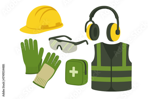 Collection of essential personal protective equipment items for industrial workplace safety