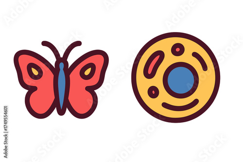 Stylized red butterfly icon and abstract yellow circular graphic element