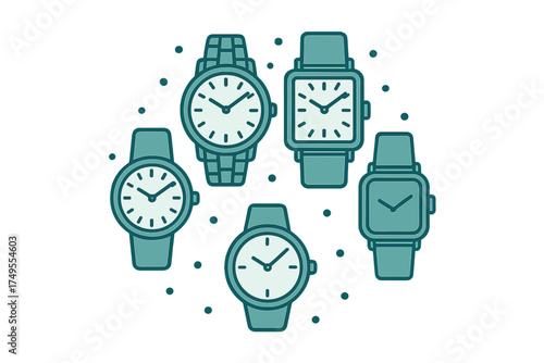 Collection of five modern wristwatches showing various shapes, straps, and faces