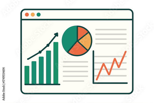 Digital dashboard interface with bar graph, pie chart, and line graph for data analysis