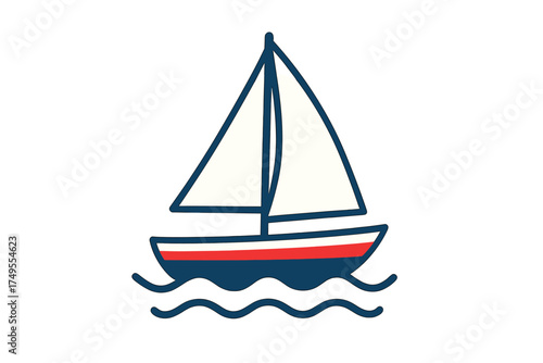 Stylized sailboat with white sails floating on blue waves against a white backdrop