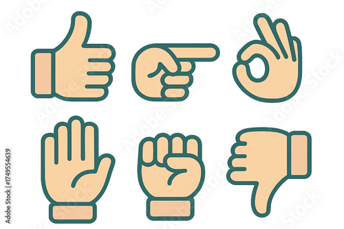 Six universal human hand gestures for communication, approval, direction, and disapproval
