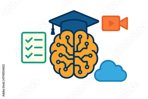 Artificial intelligence brain wearing graduation cap surrounded by e-learning icons