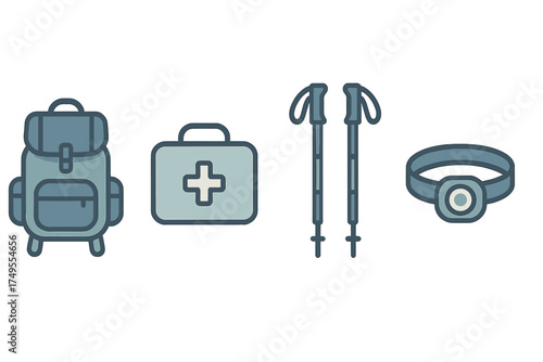 Essential outdoor adventure gear featuring backpack, first aid kit, trekking poles, and headlamp