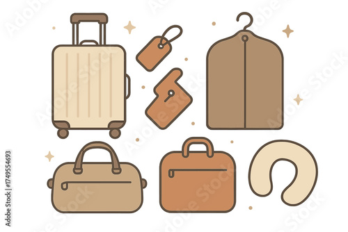 Essential travel luggage collection including suitcase, duffel bag, and accessories