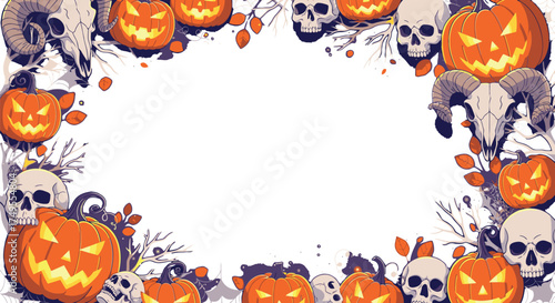 A Halloween-themed border with carved pumpkins, skulls, and branches on a white background.