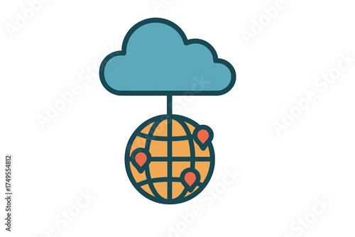Global cloud computing network connection with location tracking pins on the earth sphere