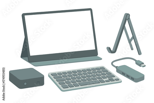 Portable workspace technology setup with tablet screen, compact keyboard, docking station, and stand