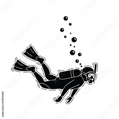 Black silhouette of a scuba diver with bubbles white background