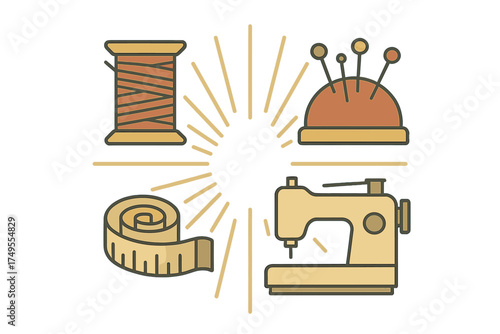 Set of essential sewing and tailoring tools including thread spool, pincushion, measuring tape, and machine