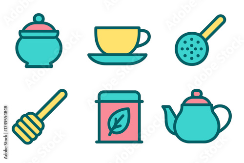 Colorful collection of tea and coffee accessories including teapot, teacup, sugar bowl, and honey dipper