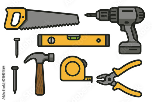 Collection of essential construction tools including saw, drill, hammer, level, and tape measure