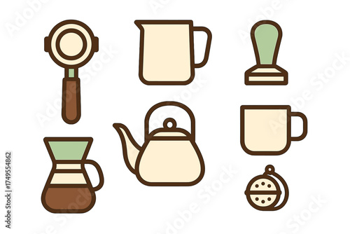 Essential coffee and tea brewing equipment symbols: kettle, mug, tamper, portafilter, and pour-over device