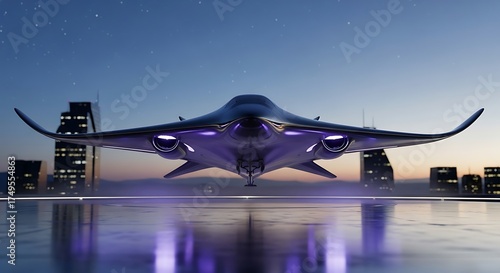 Futuristic stealth aircraft with glowing purple lights on a city helipad.