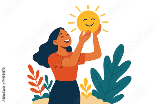 Happy woman holding a smiling sun character surrounded by stylized nature and foliage