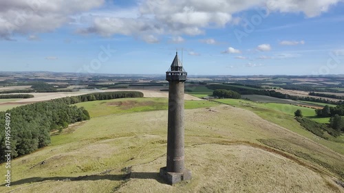 Waterloo Monument over Scottish fields and farms from a drone, Jedburgh, Scotland, UK