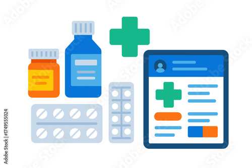 Medication bottles and blister packs next to a digital tablet showing a healthcare application
