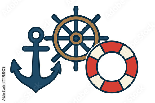 Traditional nautical set with ship's wheel, large anchor, and safety lifebuoy