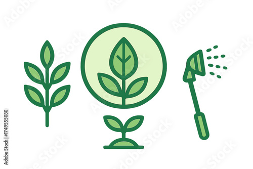Symbols representing plant life cycle stages and agricultural care tools for farming