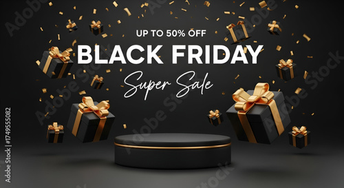 ​A luxurious and elegant three dimensional composition of a super sale for Black Friday with golden confetti falling around a podium and gift boxes on a dark background for commercial use.

