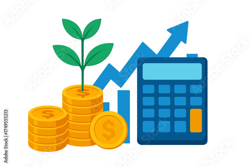 Stacks of gold coins with a growing plant, calculator, and rising financial chart arrow