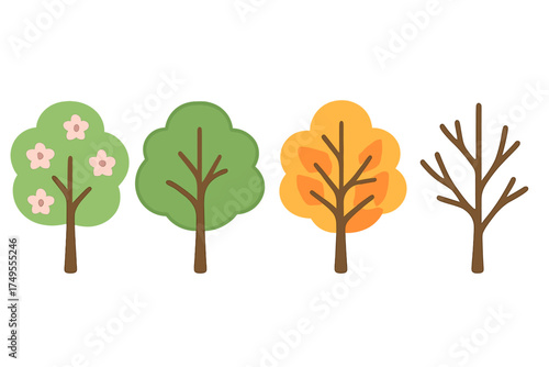 Four stylized trees representing the changing seasons: spring, summer, autumn, and winter