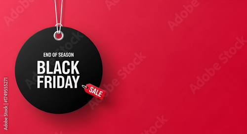 ​A unique and modern graphic design with a big black floating circular tag showing the end of season Black Friday text and a small red tag on a bright red background for commercial advertising.
