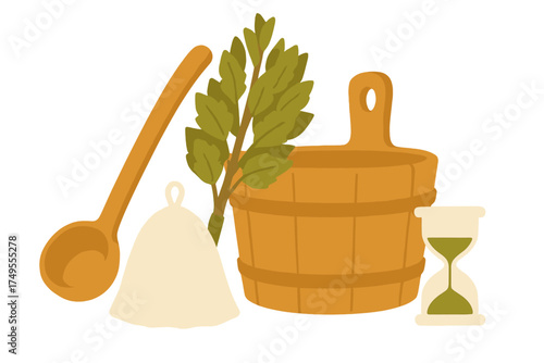 Traditional sauna and banya accessories set including wooden bucket ladle birch whisk felt hat and sand timer