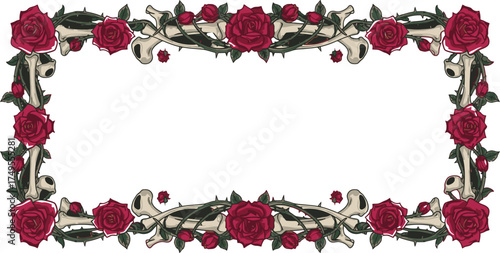 A gothic rectangular frame made of intertwined red roses, thorny vines, and bones on a white background.