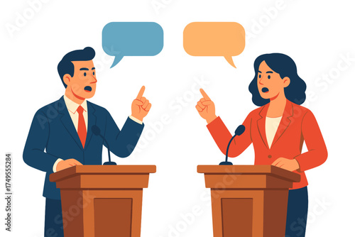 Political candidates arguing intensely during a televised debate behind podiums