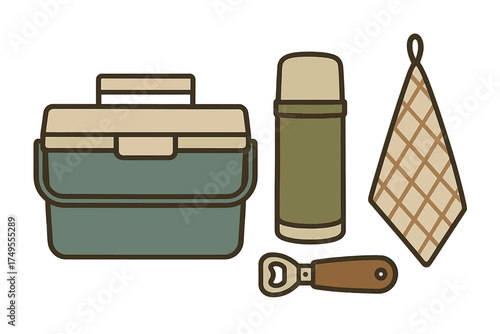 Collection of essential outdoor gear including a cooler box, insulated thermos, bottle opener, and picnic towel