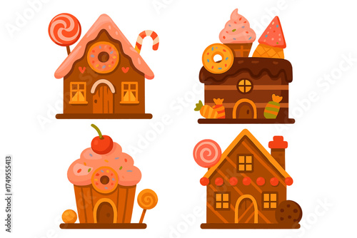 Gingerbread houses decorated with pink frosting, donuts, lollipops, and candy canes
