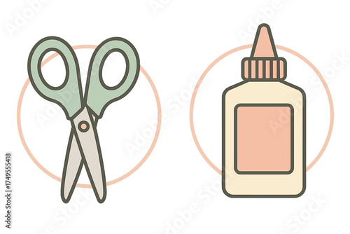 Essential craft supplies featuring green handled scissors and a bottle of liquid adhesive glue