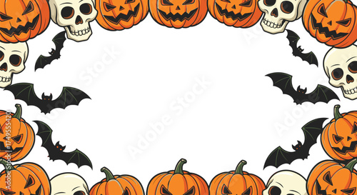 A festive Halloween border frame with cartoon jack-o'-lanterns, skulls, and bats on a white background.