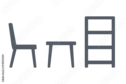 Minimalist furniture set including a chair, small table, and three-shelf bookcase