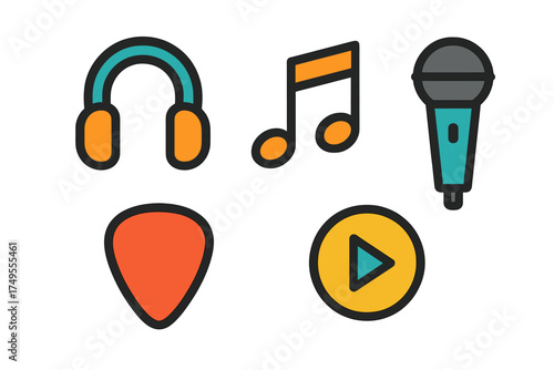 Colorful music and audio icons set featuring headphones, microphone, and musical note symbols