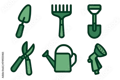 Set of essential gardening tools: trowel, rake, shovel, shears, watering can, and hose nozzle