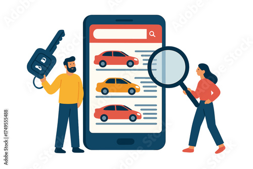 Couple searching for vehicle listings online using a mobile application and smartphone