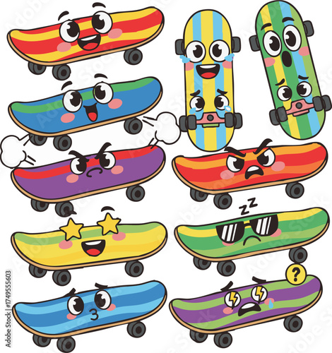 A vibrant collection of cute cartoon skateboard characters, each with a unique funny facial expression, perfect for a sticker set or children's design