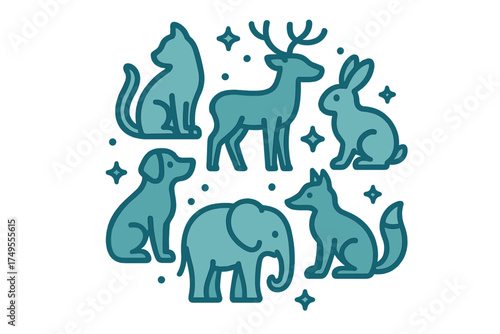 Set of stylized domestic and wild animal icons including cat dog deer rabbit elephant and fox in teal