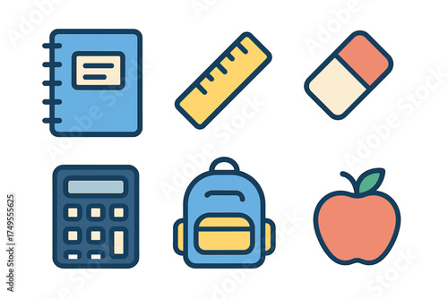 Essential school supplies set featuring notebook ruler eraser calculator backpack and apple icons
