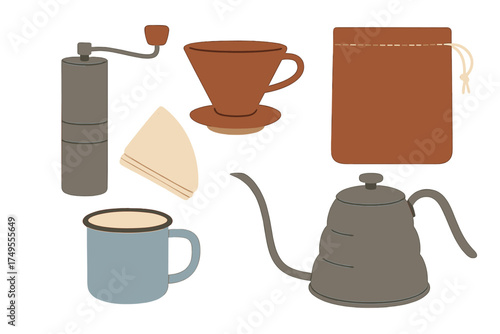 Flat lay arrangement of portable coffee making accessories and tools for travel and camping